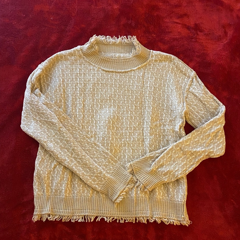 LOFT Textured Tan Sweater with Fringe